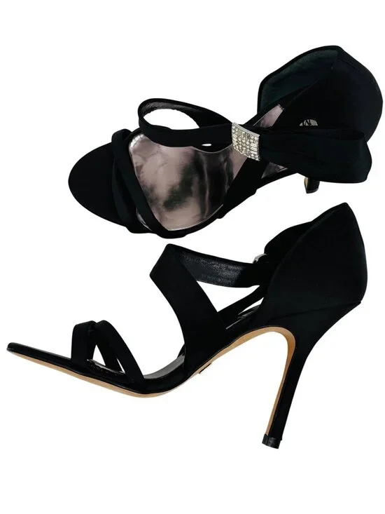 Badgley Mischka Black Satin Rhinestone Bow Heels 6 | dOrsay Formal Evening Shoes - Picture 15 of 16